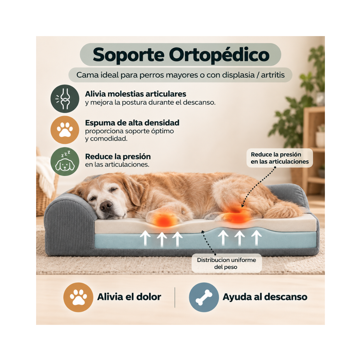 Golden retriever sobre cama sof&aacute; en living, infograf&iacute;a soporte ortop&eacute;dico y articulaciones